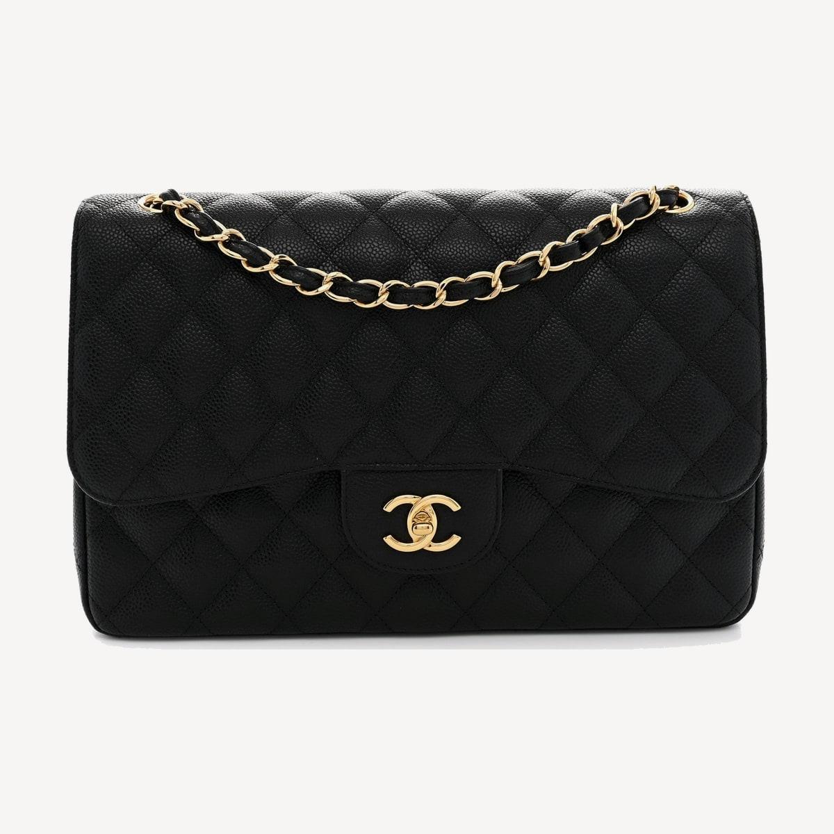 Chanel Classic Flap Jumbo in black quilted grained calfskin with gold-tone metal
