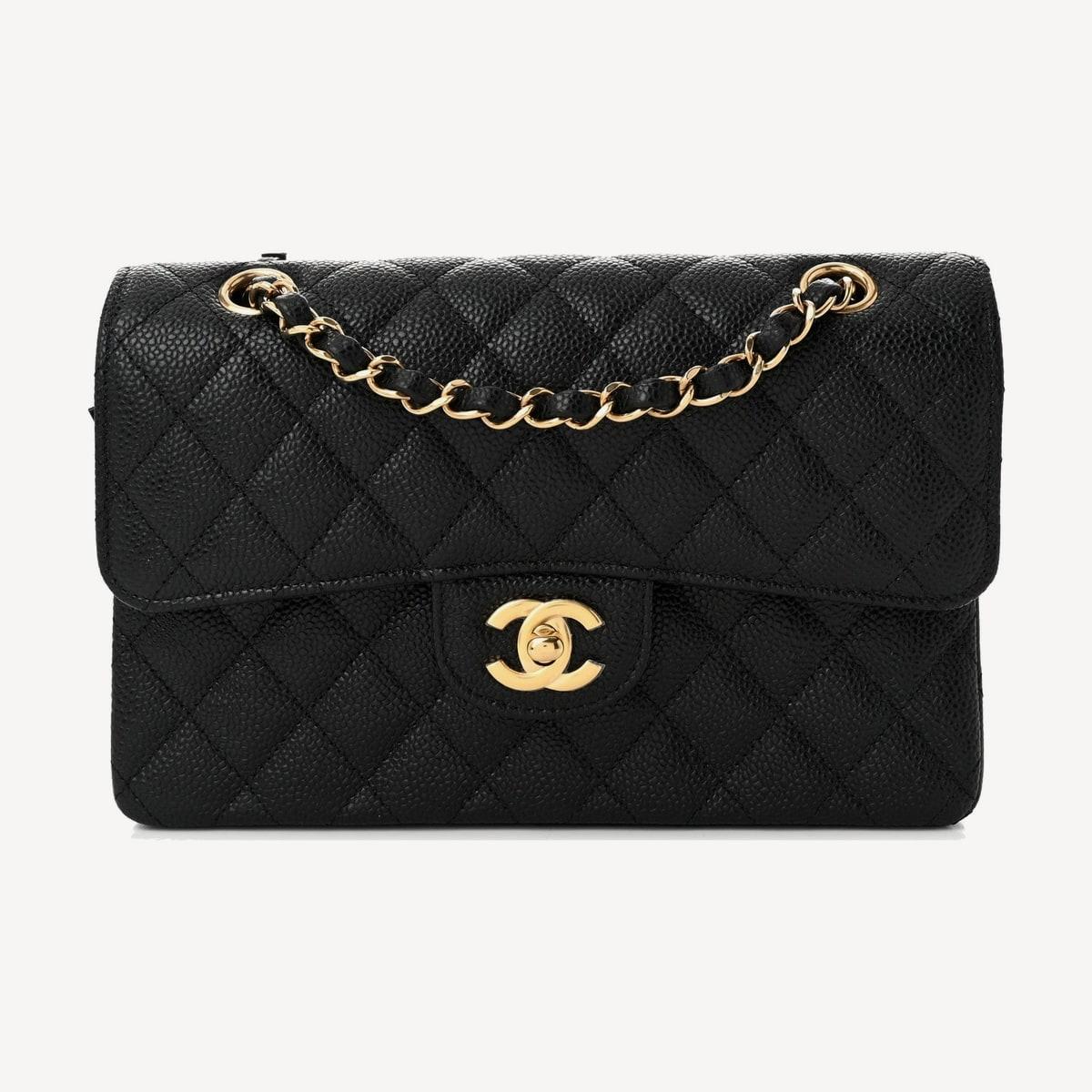 Chanel Classic Flap Small in black quilted grained calfskin with gold-tone metal