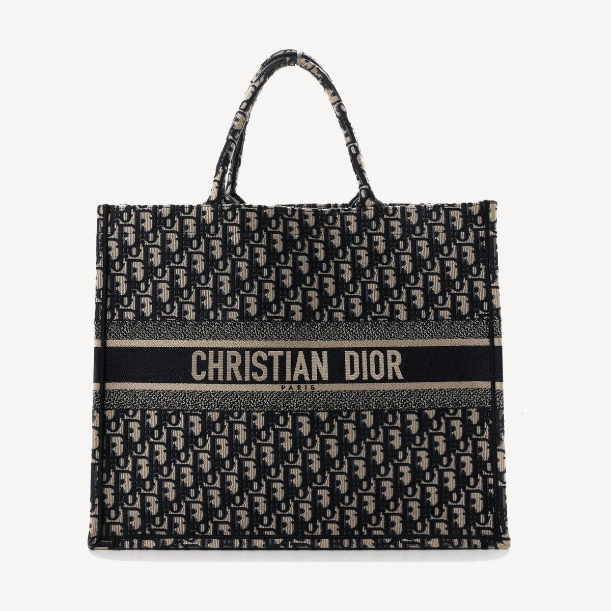 Dior Book Tote Large in ecru and blue Dior Oblique embroidery