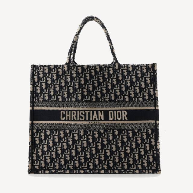 Dior Book Tote Large in ecru and blue Dior Oblique embroidery