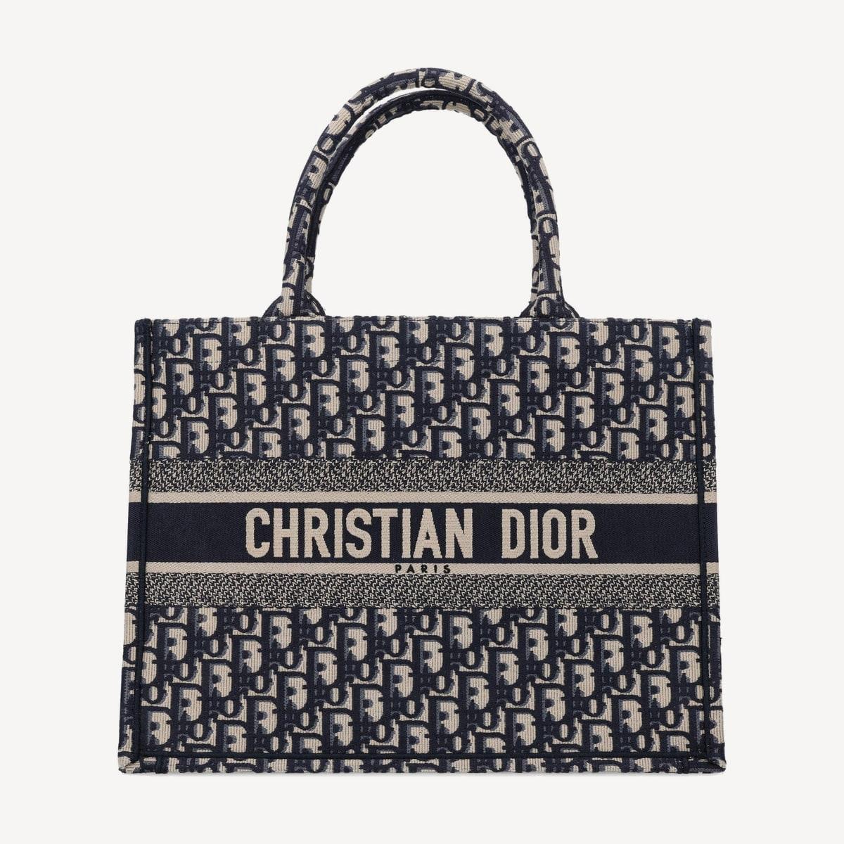 Dior Book Tote Medium in ecru and blue Dior Oblique embroidery