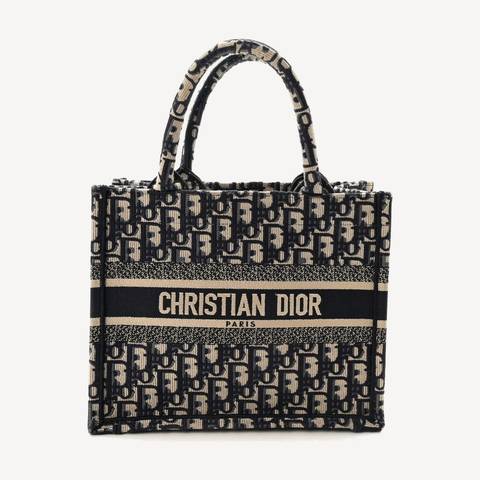 Dior Book Tote Small in ecru and blue Dior Oblique embroidery