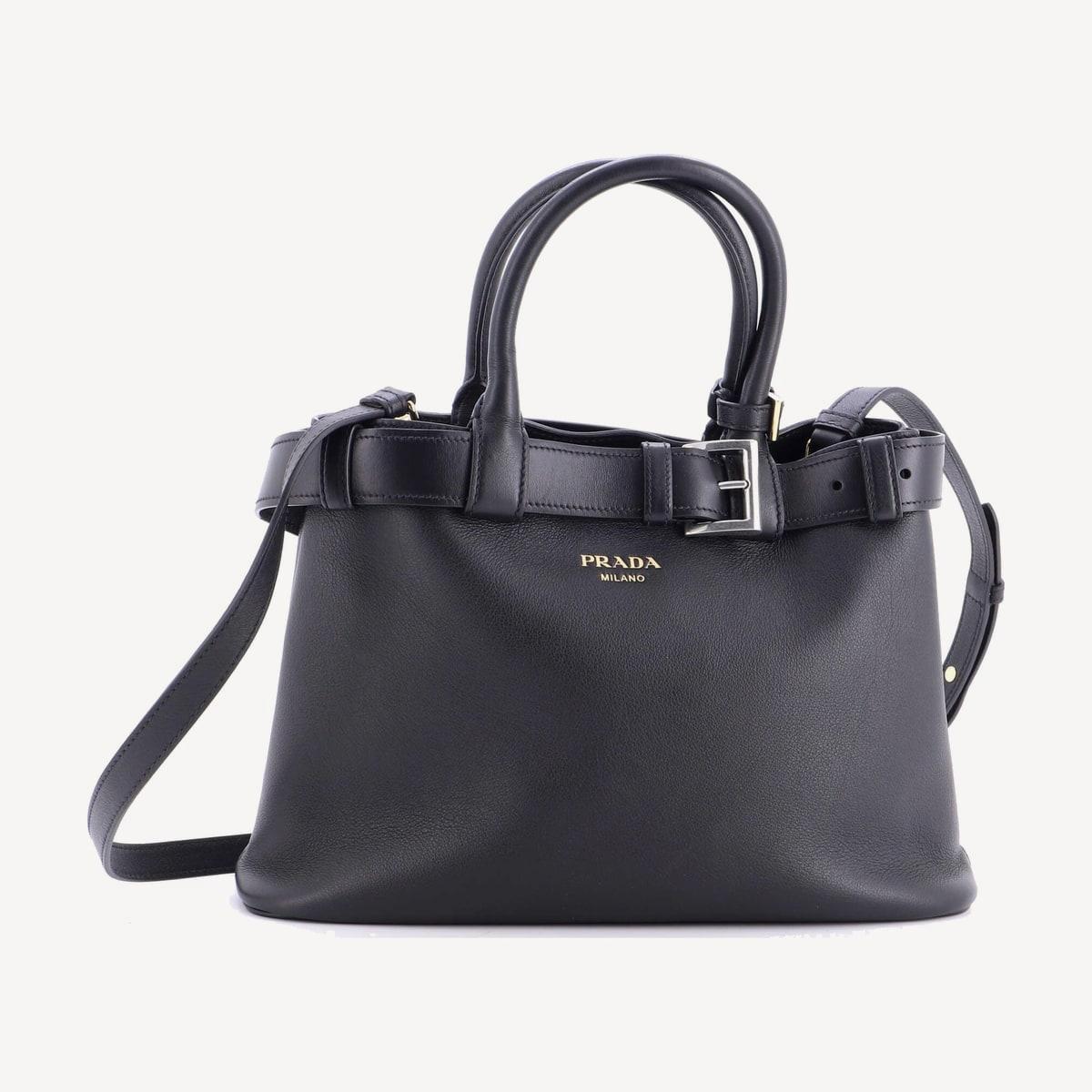 Prada Buckle Small in black leather with buckled belt